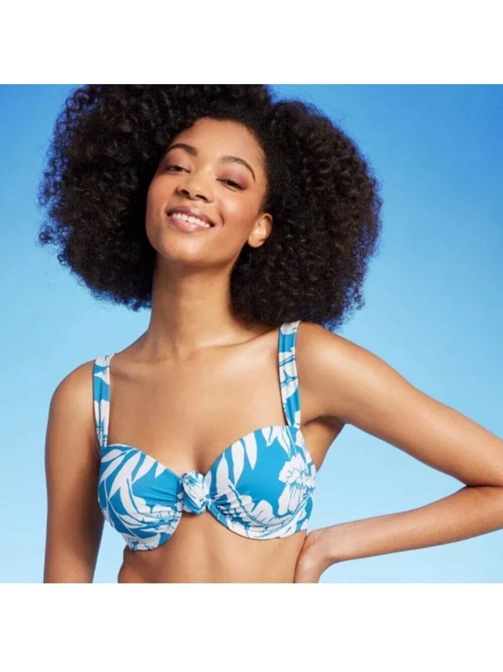 Shade & Shore Blue Floral Push-Up Knot Detail Bikini Top NWT Size 32 B